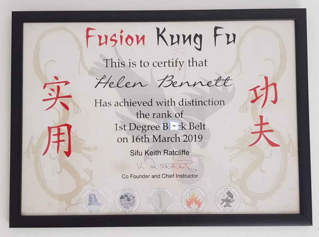 Helen Bennett Kung-Fu Black Belt Certificate