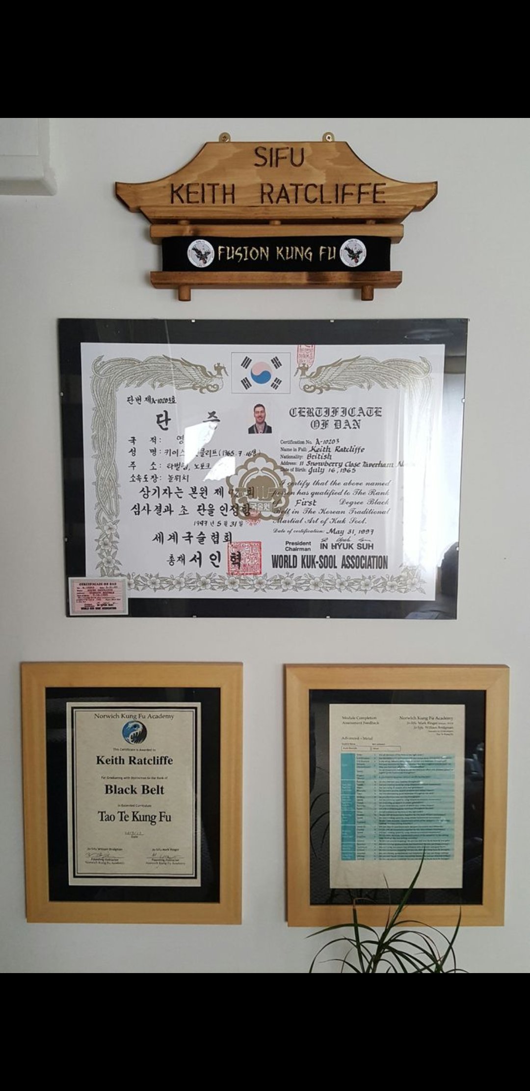 Sifu Keith Ratcliffe Black Belt Certificates