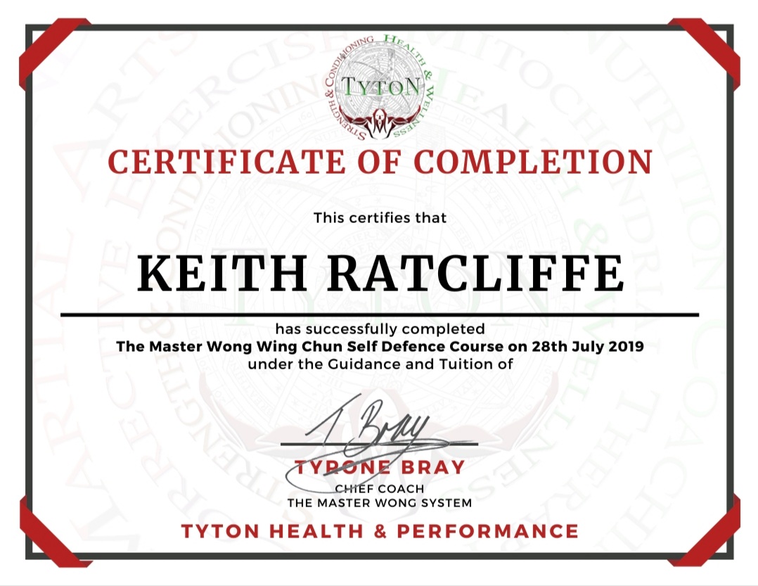 Keith Ratcliffe Wing Chun Self Defence Certificate